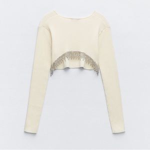 Zara knit crop rhinestone sweater bling NWT cream